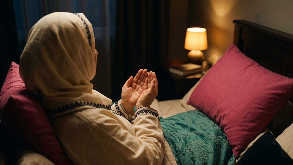 A Muslim woman seen from behind in a quiet bedroom at night, reflecting the Dua Before Sleeping.