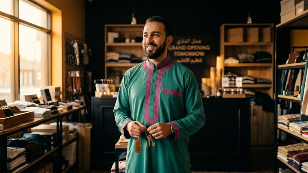 A Muslim man in a newly fitted shop before its opening day, an opening scene for the Dua Before Starting a Business.
