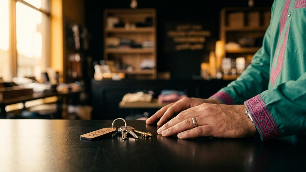Close view of a Muslim man's hands and the shop keys during the Dua Before Starting a Business.