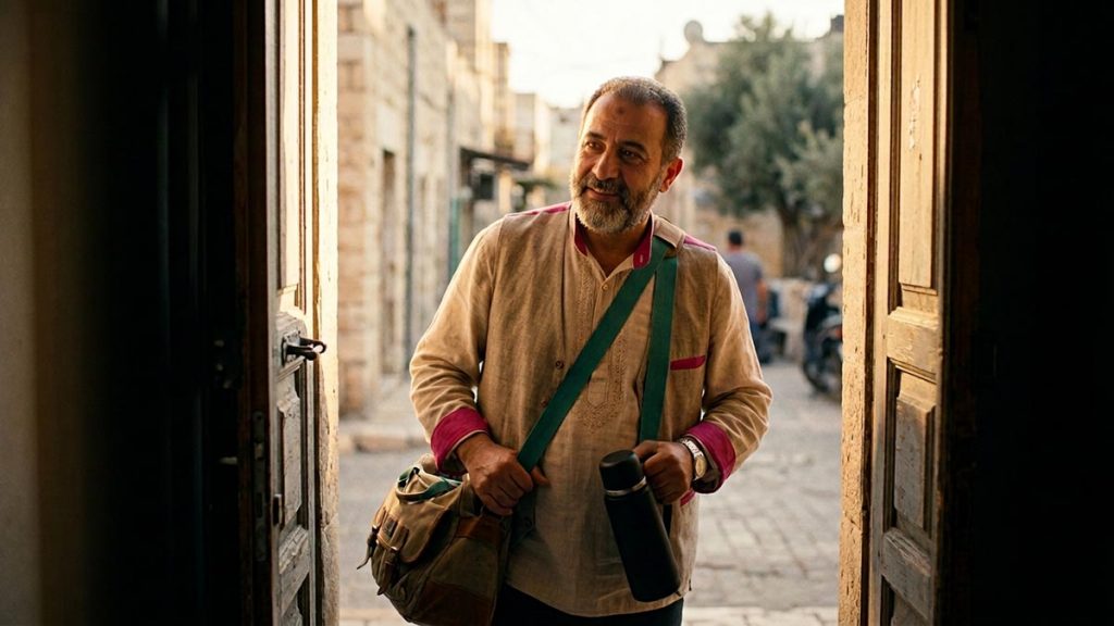 A Muslim man at the front door in the early morning with a bag in hand, an opening scene for the Dua Before Starting the Day.