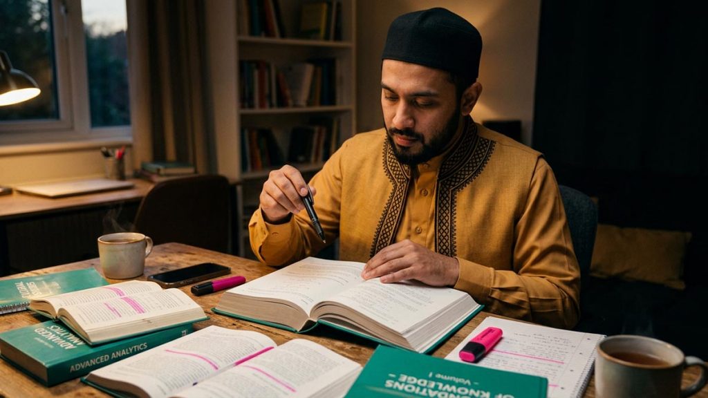 A Muslim man at a study desk with books opened out, an opening scene for the Dua Before Studying.