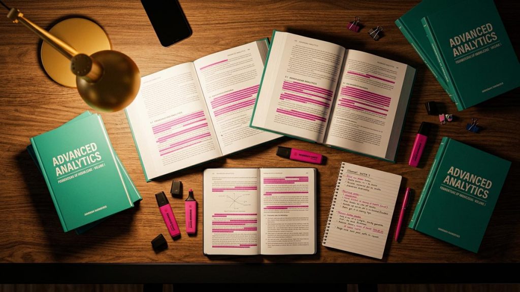 A still-life of open textbooks, highlighters and a notebook laid out on a study desk, illustrating the Dua Before Studying.