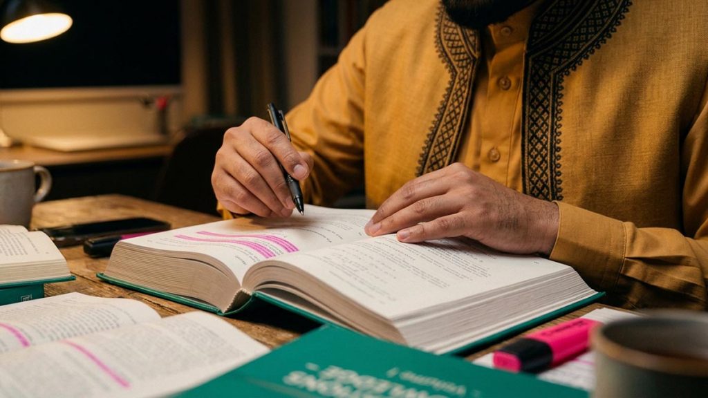 Close view of a Muslim man's hands and the open textbooks during the Dua Before Studying.