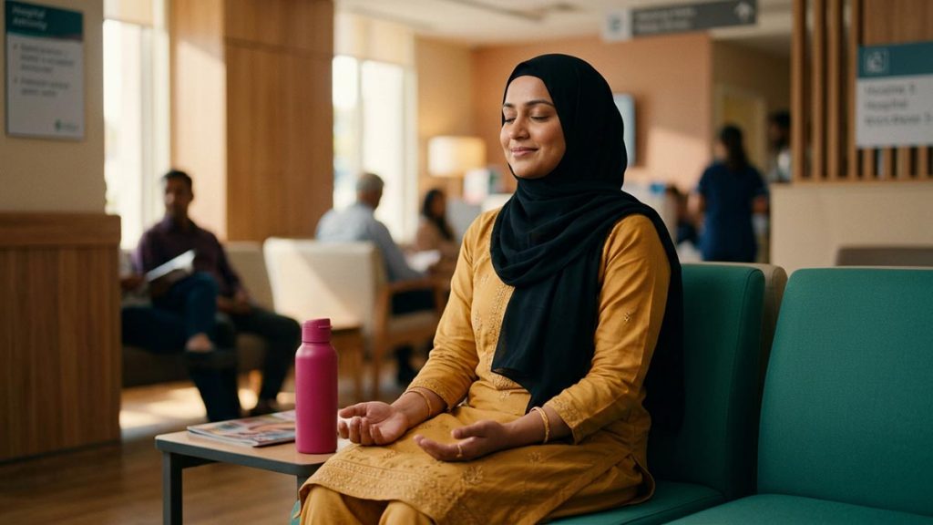 A Muslim woman in a calm waiting room before a procedure, an opening scene for the Dua Before Surgery.