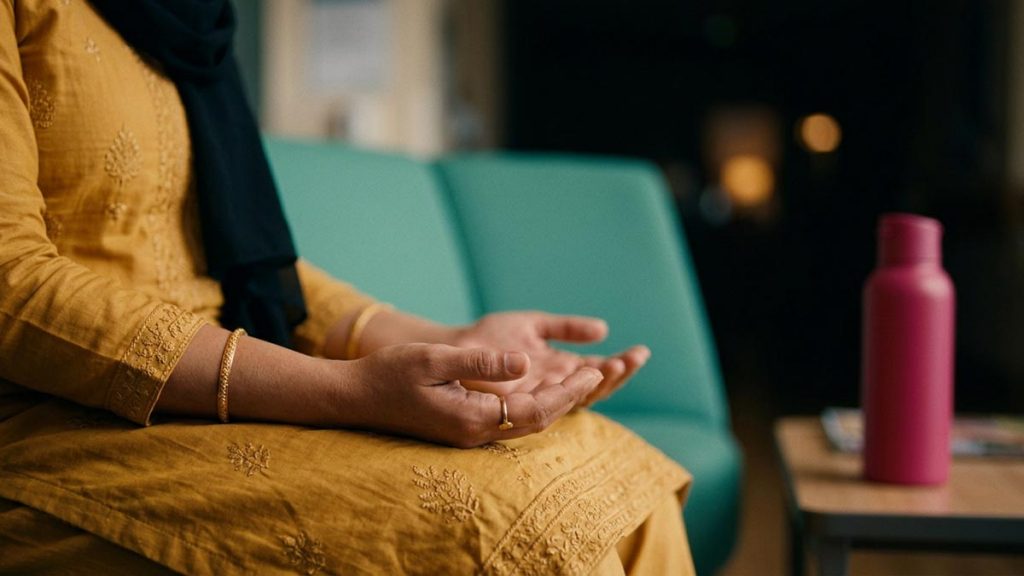 Close view of a Muslim woman's hands and the empty waiting-room chair during the Dua Before Surgery.