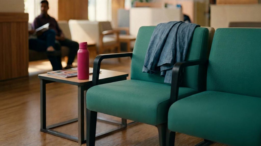 A still-life of an empty waiting-room chair beside a folded coat and a water bottle, illustrating the Dua Before Surgery.