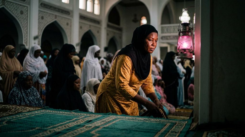 A Muslim woman in a mosque filling for the long night prayers of Ramadan, an opening scene for the Dua Before Taraweeh.