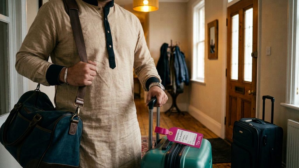 Close view of a Muslim man's hands and the packed suitcase during the Dua Before Travelling.