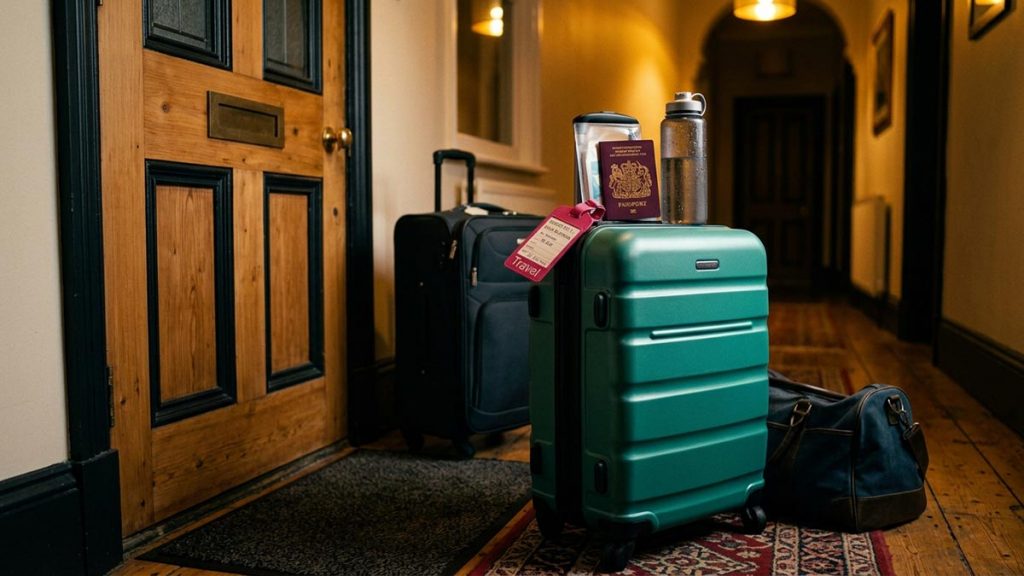 A still-life of a packed suitcase, a passport and a water bottle waiting by a front door, illustrating the Dua Before Travelling.