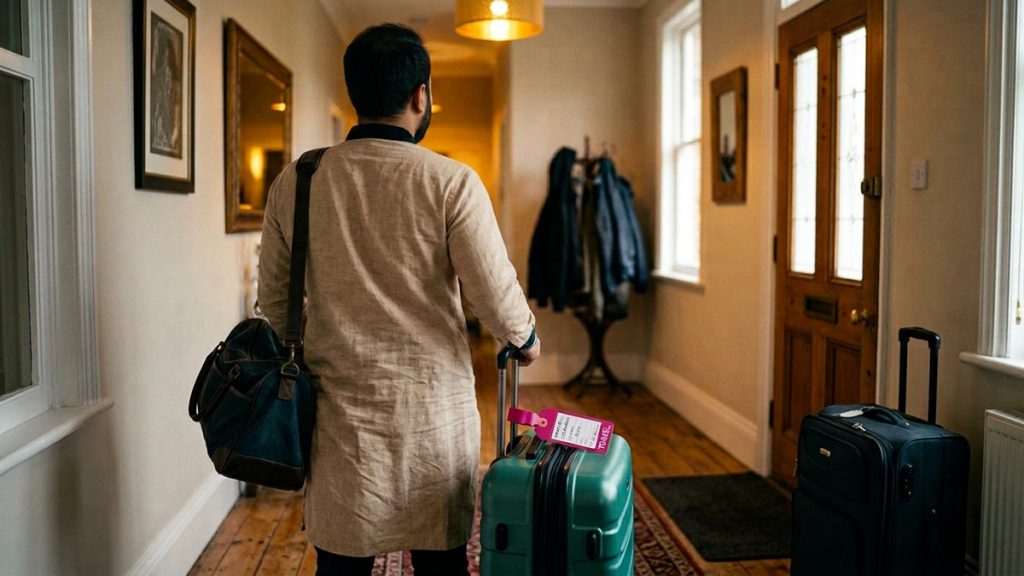 A Muslim man seen from behind in a hallway with a packed suitcase by the door, reflecting the Dua Before Travelling.