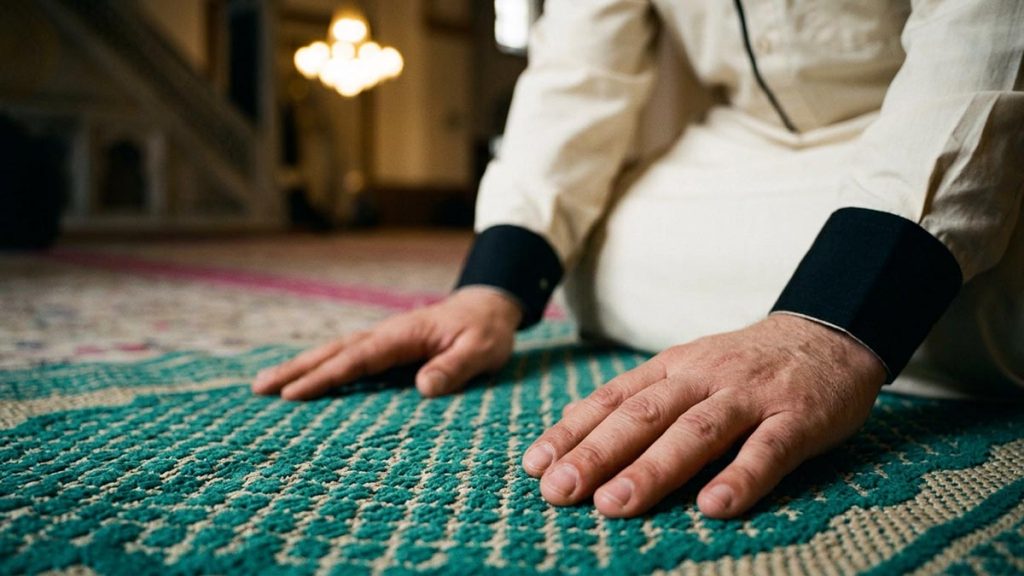 Close view of a Muslim man's hands and the prayer mat during the Dua Between the Two Sujoods.