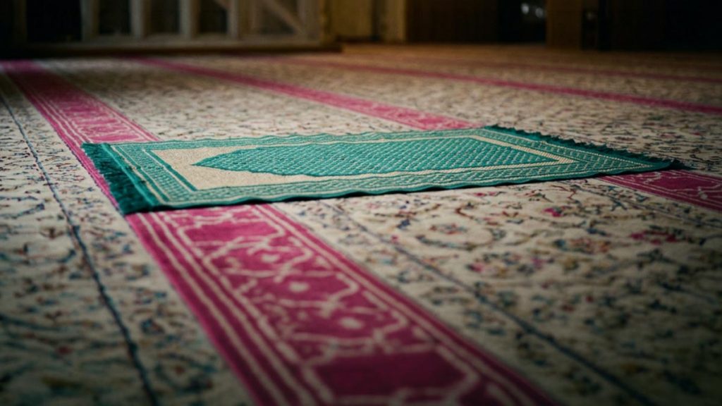 A still-life of a prayer mat in the stillness between prostrations, illustrating the Dua Between the Two Sujoods.
