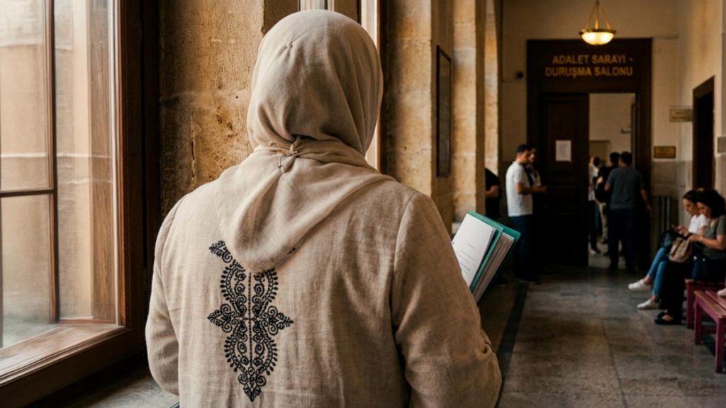 A Muslim woman seen from behind in a quiet corridor outside a courtroom, reflecting the Dua During Court Proceedings.