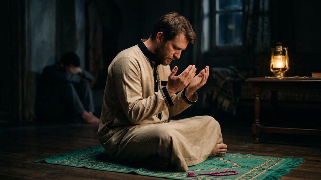 A Muslim man in a dim room where someone sits through a hard time, an opening scene for the Dua During Difficulty.