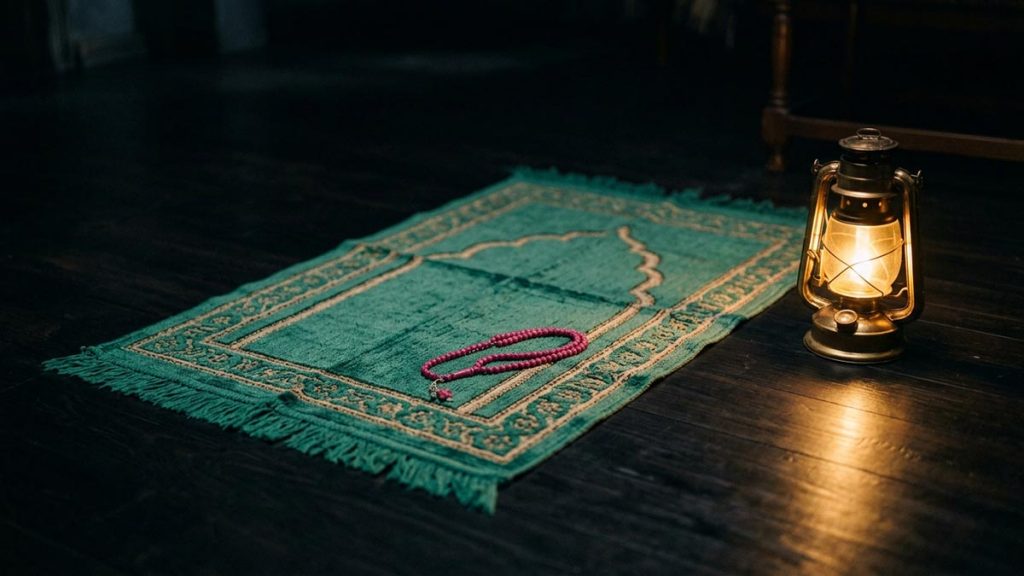 A still-life of a single lamp burning beside a prayer mat in a dim room, illustrating the Dua During Difficulty.