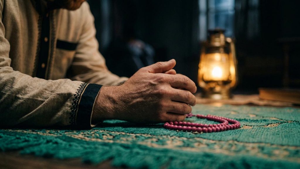 Close view of a Muslim man's hands and the single lamp burning during the Dua During Difficulty.
