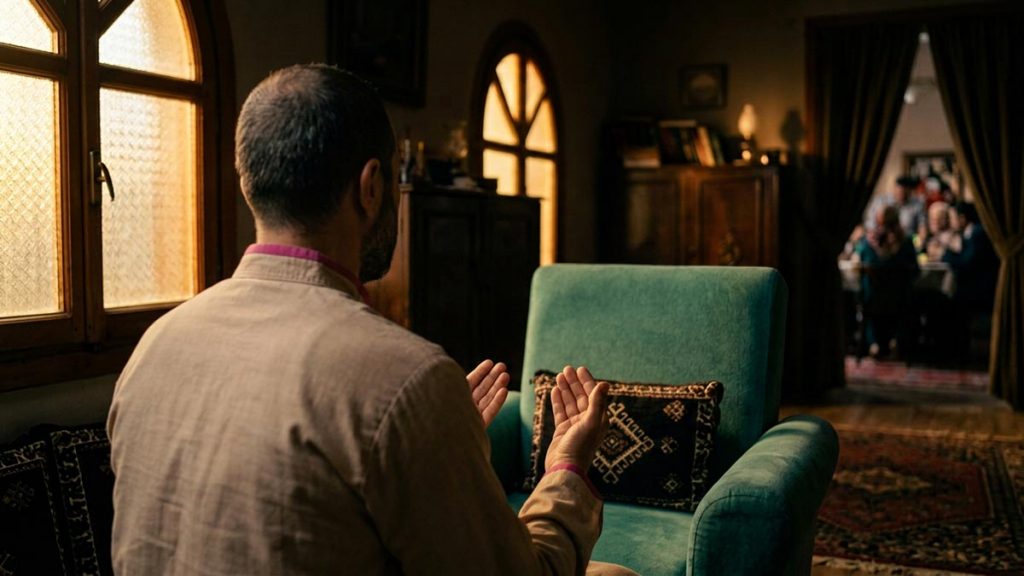 A Muslim man seen from behind in a quiet room away from a difficult family conversation, reflecting the Dua During Family Disputes.