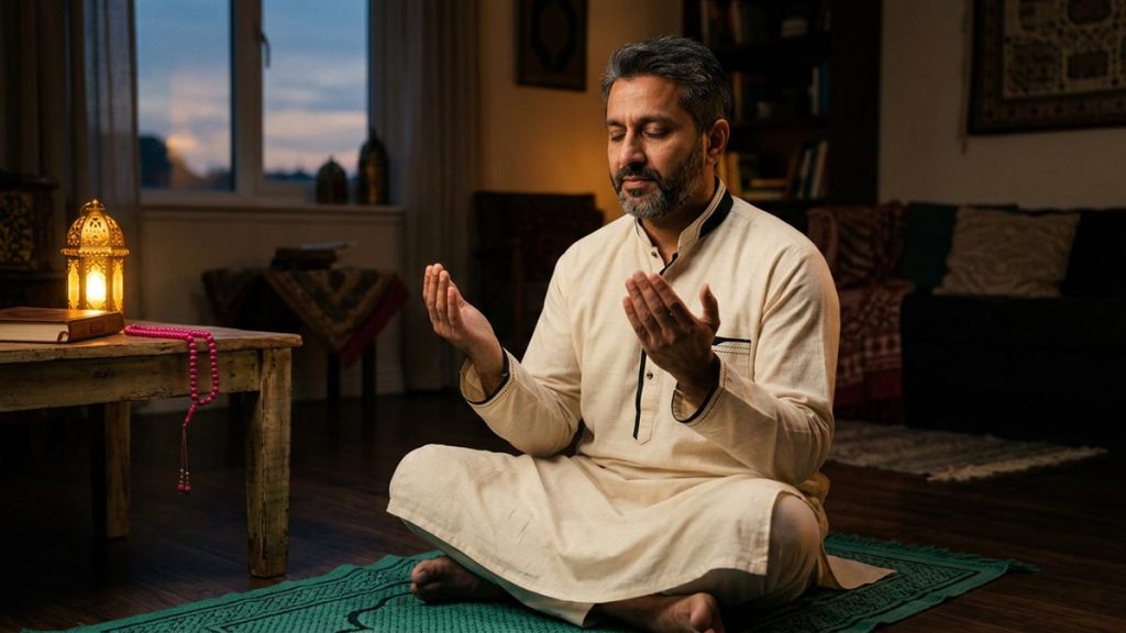 A Muslim man in a quiet room at dusk, an opening scene for the Dua During Hardship.