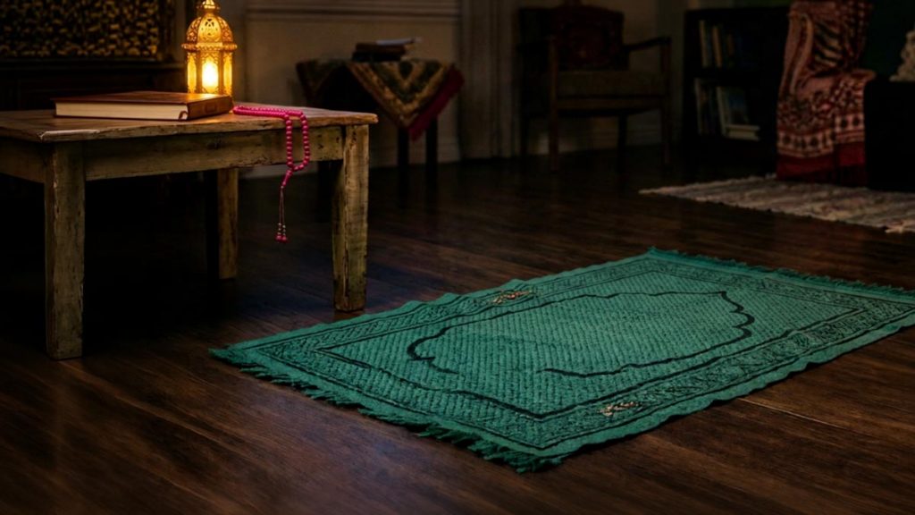 A still-life of a single lit lamp beside a prayer mat in a dim room, illustrating the Dua During Hardship.