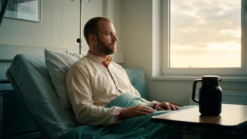 A Muslim man in a calm hospital-style room with a window to the sky, an opening scene for the Dua During Hospitalisation.