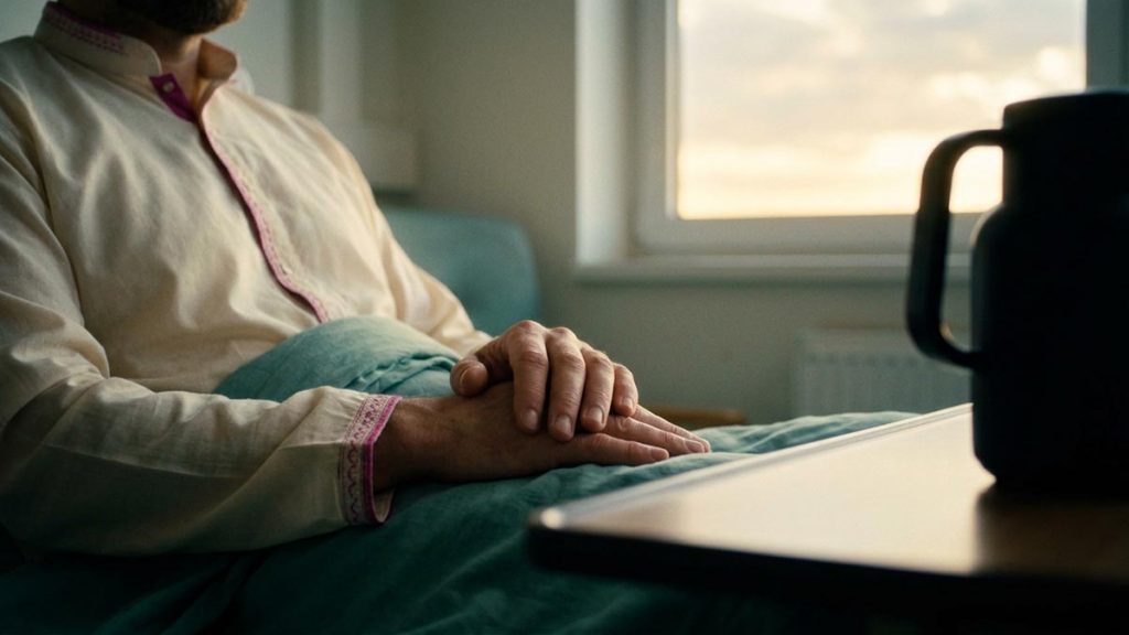 Close view of a Muslim man's hands and the window looking out to open sky during the Dua During Hospitalisation.