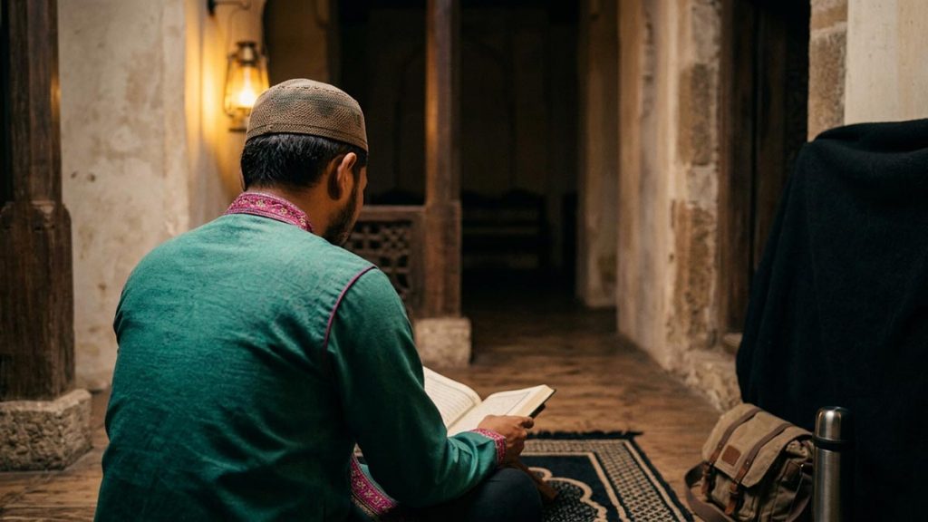 A Muslim man seen from behind in a quiet corner of a mosque set aside for seclusion, reflecting the Dua During Itikaf.