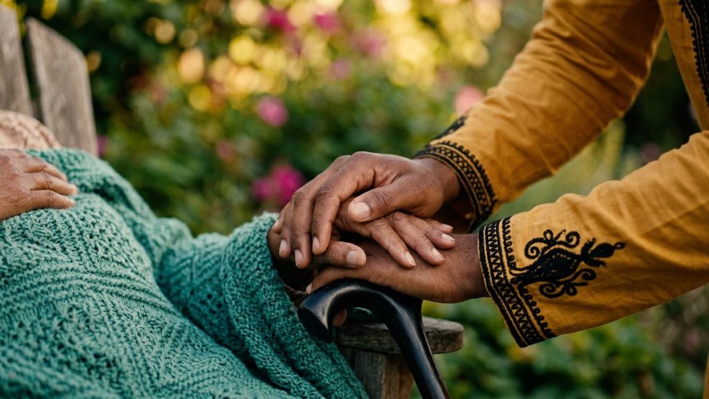 Close view of a Muslim man's hands and the garden bench during the Dua During Recovery.