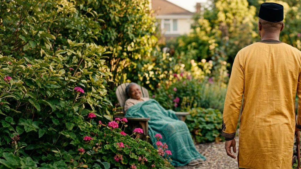 A Muslim man seen from behind in a garden where someone convalesces in the fresh air, reflecting the Dua During Recovery.