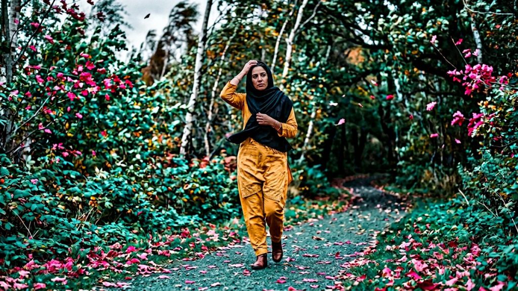 A Muslim woman on a path where a strong wind is blowing, an opening scene for the Dua During Strong Winds.