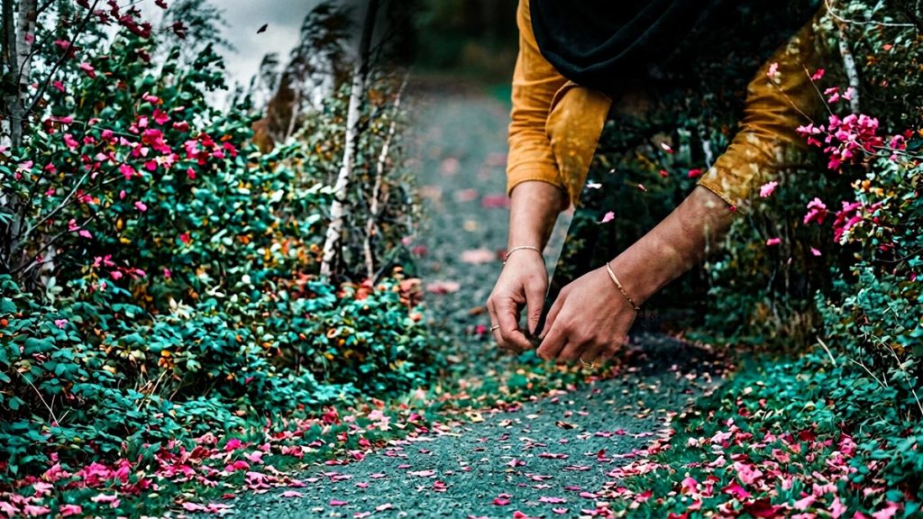 Close view of a Muslim woman's hands and the wind-bent branches and scattered leaves along an empty path during the Dua During Strong Winds.