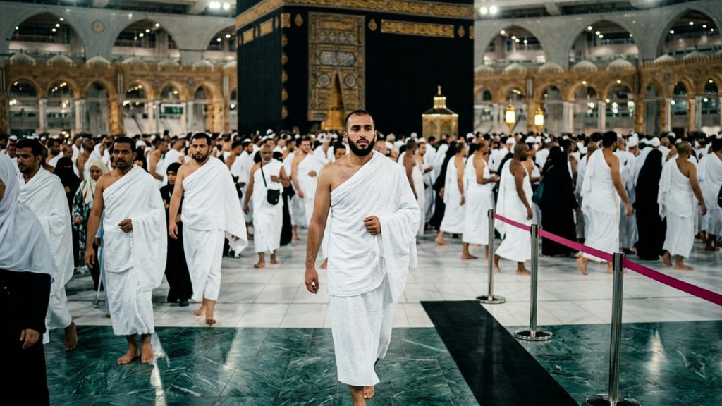 A Muslim pilgrim in the courtyard of the Sacred Mosque during the circuits, an opening scene for the Dua During Tawaf.