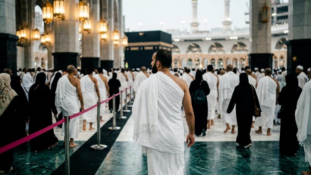 A Muslim pilgrim seen from behind in the courtyard of the Sacred Mosque during the circuits, reflecting the Dua During Tawaf.
