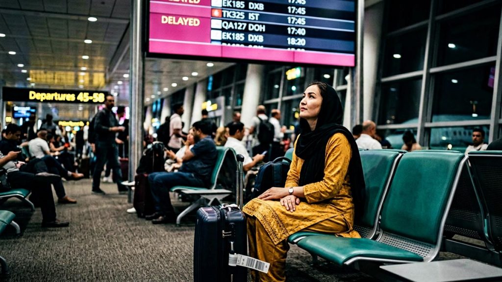 A Muslim woman in an airport waiting area beneath a departures board, an opening scene for the Dua During Travel Delays.