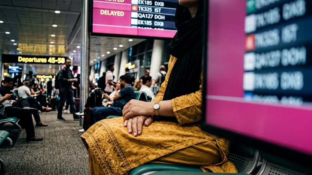 Close view of a Muslim woman's hands and the departures board during the Dua During Travel Delays.