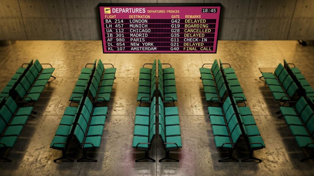 A still-life of a departures board showing delays above rows of empty airport seats, illustrating the Dua During Travel Delays.