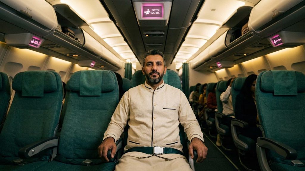 A Muslim man in an aircraft cabin seat with the seatbelt sign lit, an opening scene for the Dua During Turbulence.