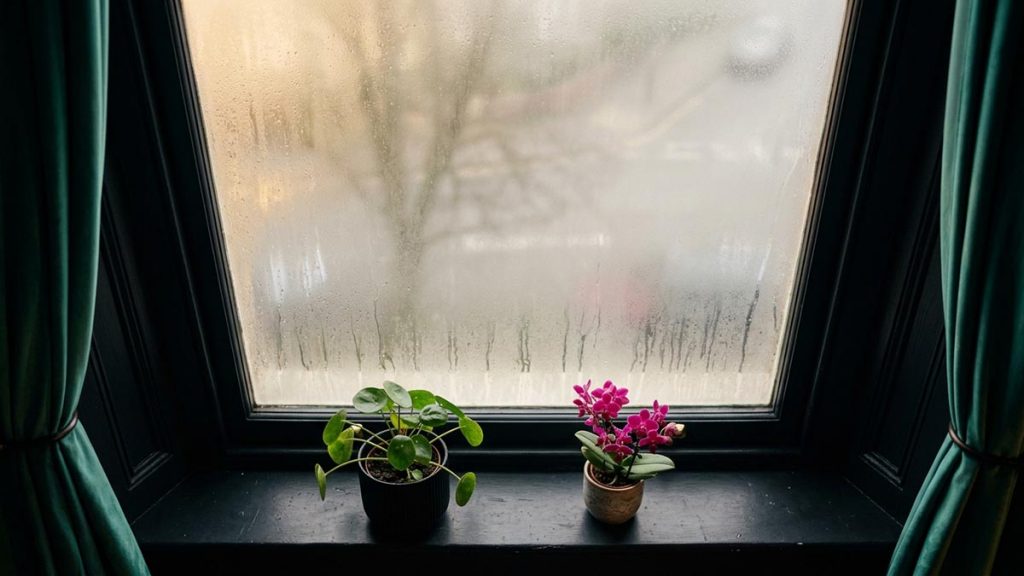 A still-life of a fogged window with a faint view beyond it, illustrating the Dua During Uncertainty.