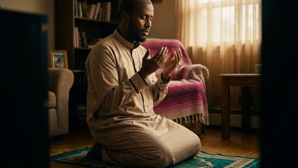 A Muslim man in a quiet room where a hopeful parent prays alone, an opening scene for the Dua for a Child.