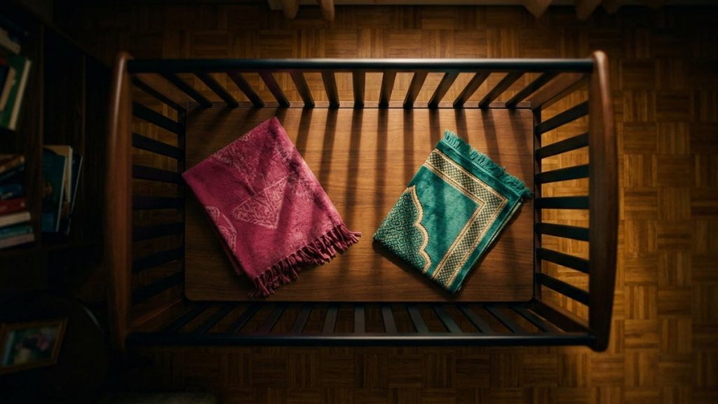 A still-life of an empty wooden cot beside a folded prayer mat in a quiet room, illustrating the Dua for a Child.