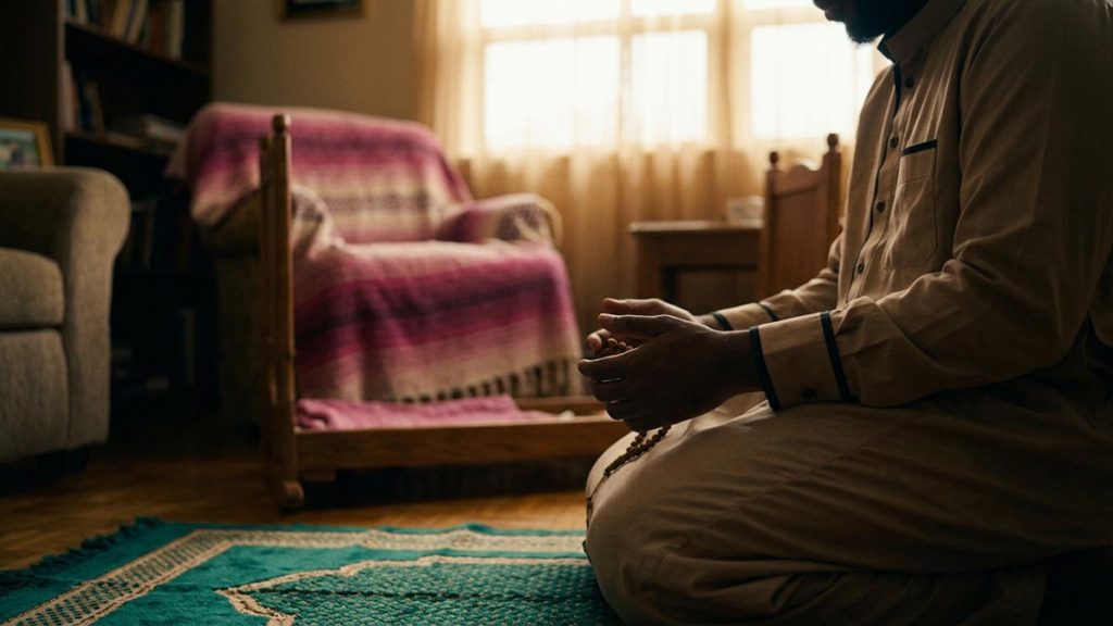 Close view of a Muslim man's hands and the empty wooden cot during the Dua for a Child.
