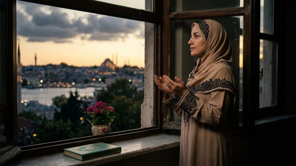 A Muslim woman at a window as the day's last light fades, an opening scene for the Dua for a Good Ending.