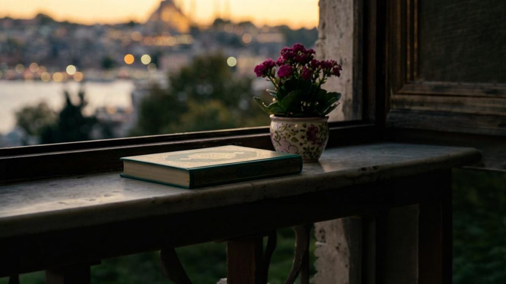 A still-life of a window at last light with a closed Quran on the sill, illustrating the Dua for a Good Ending.