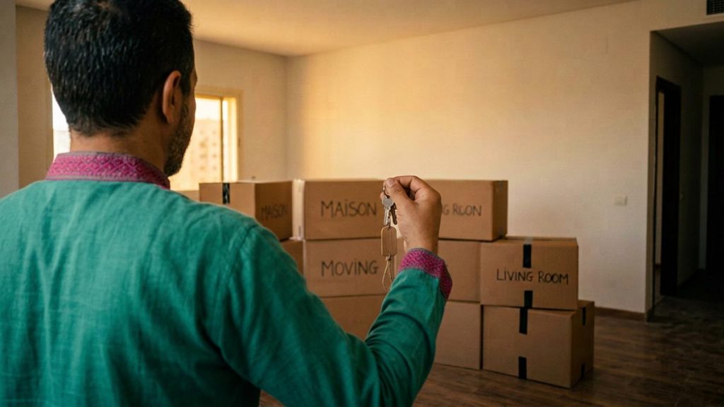 A Muslim man seen from behind in the empty rooms of a newly bought home, reflecting the Dua for a New Home.