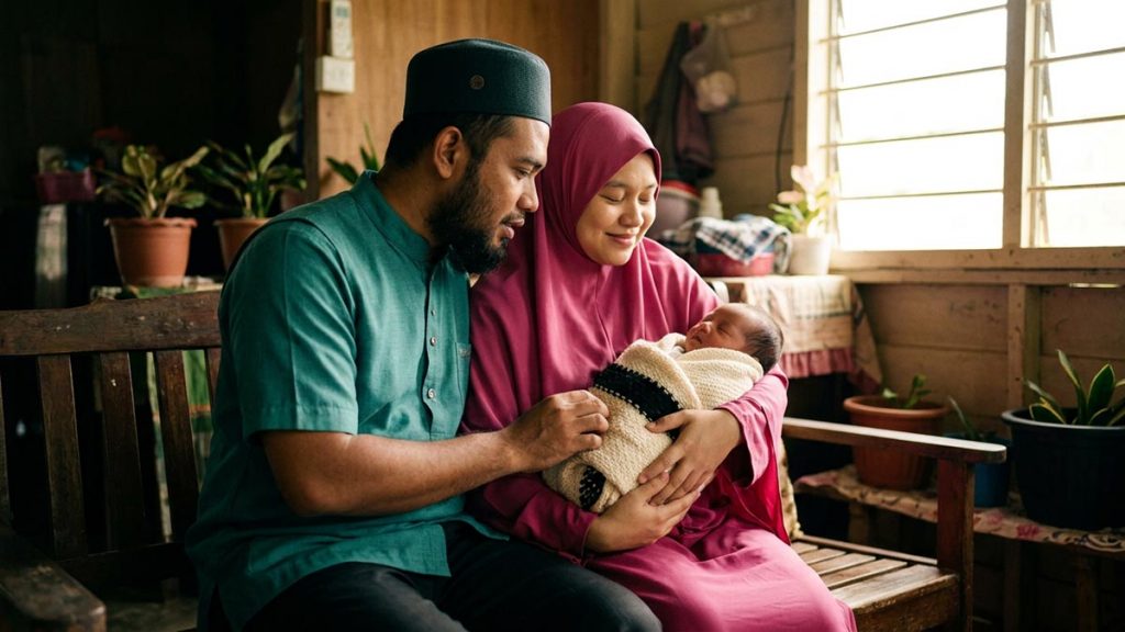 A Muslim family in a bright room with a newborn wrapped in a soft blanket, an opening scene for the Dua for a Newborn Baby.