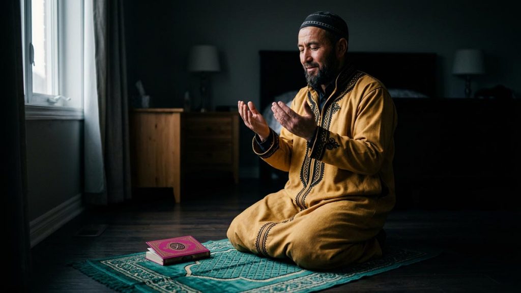 A Muslim man in a quiet bedroom at dawn with a prayer mat laid out, an opening scene for the Dua for a Righteous Spouse.