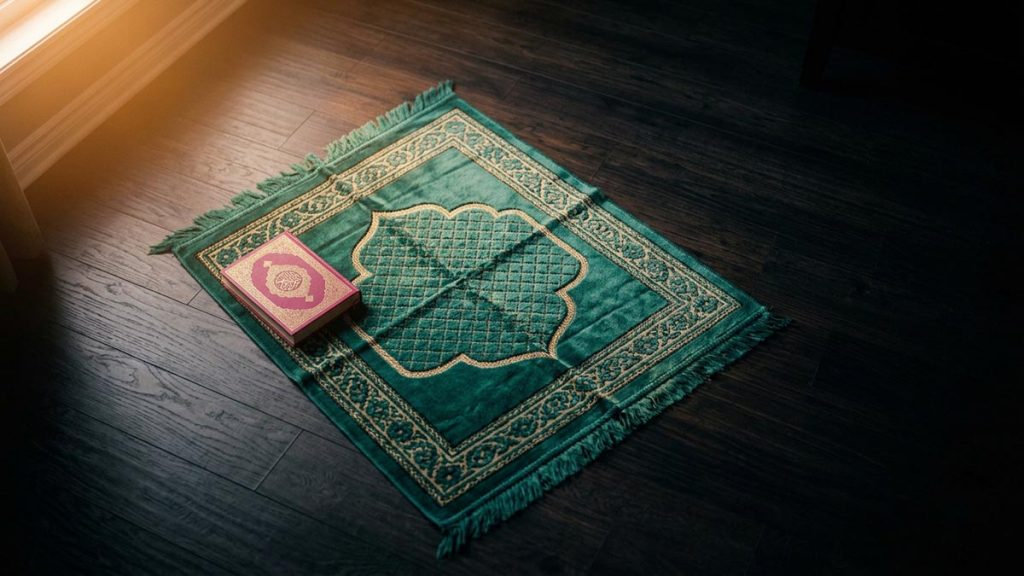 A still-life of a single prayer mat laid out beside a closed Quran at dawn, illustrating the Dua for a Righteous Spouse.