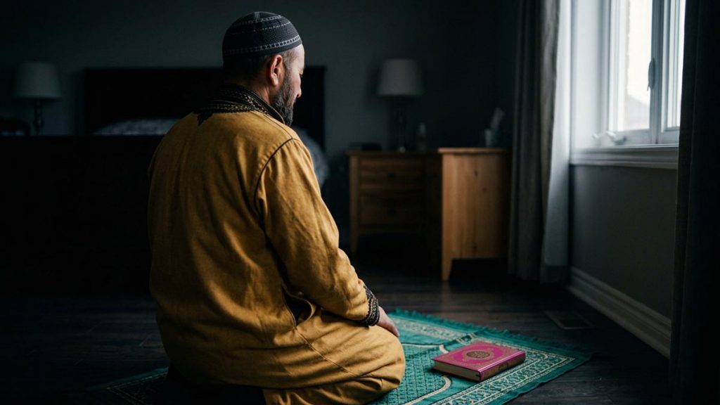 A Muslim man seen from behind in a quiet bedroom at dawn with a prayer mat laid out, reflecting the Dua for a Righteous Spouse.
