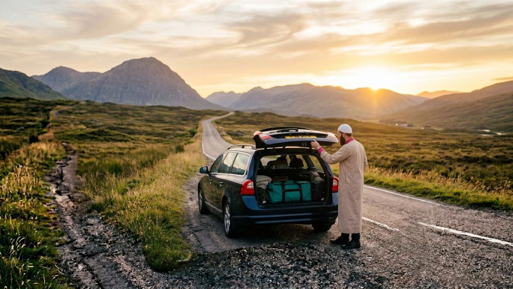 A Muslim man beside a loaded car on an open road at sunrise, an opening scene for the Dua for a Safe Journey.