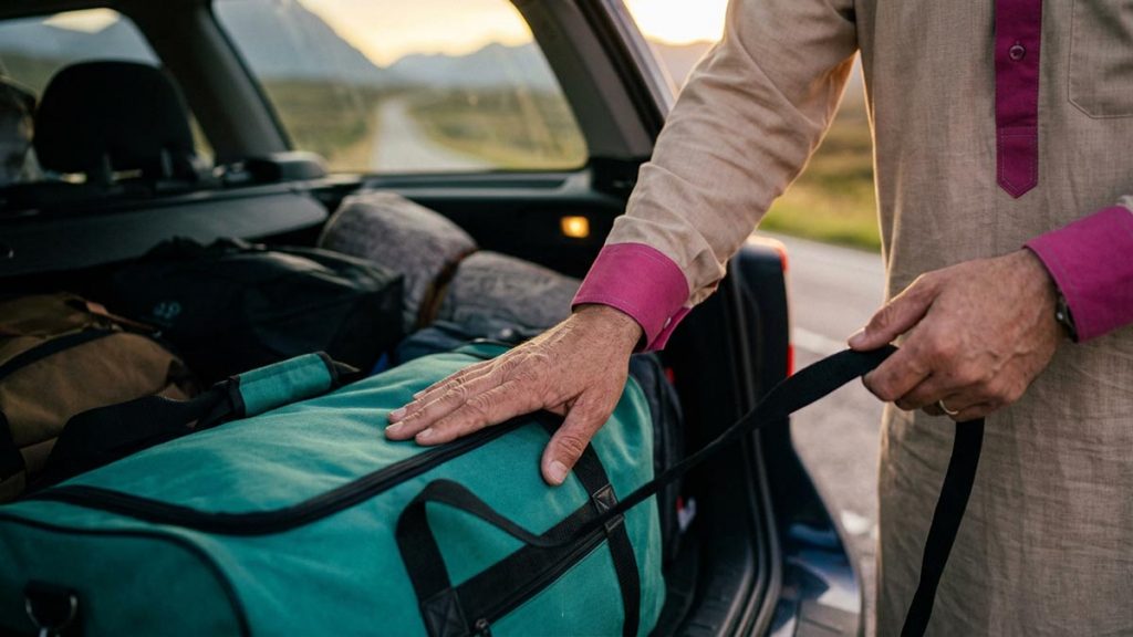 Close view of a Muslim man's hands and the packed bags during the Dua for a Safe Journey.