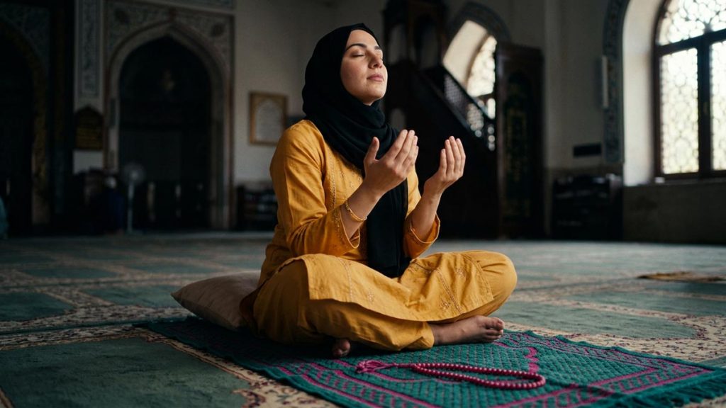 A Muslim woman on a prayer mat with palms raised after worship, an opening scene for the Dua for Accepted Worship.